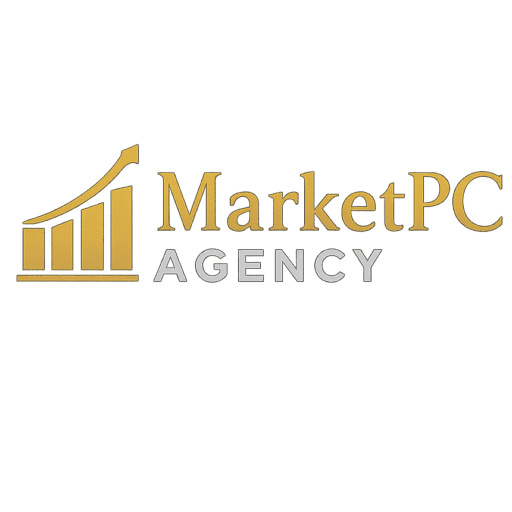 Logo MarketPC Agency, reprezentand o bara de crestere aurie si text alb pe fundal transparent