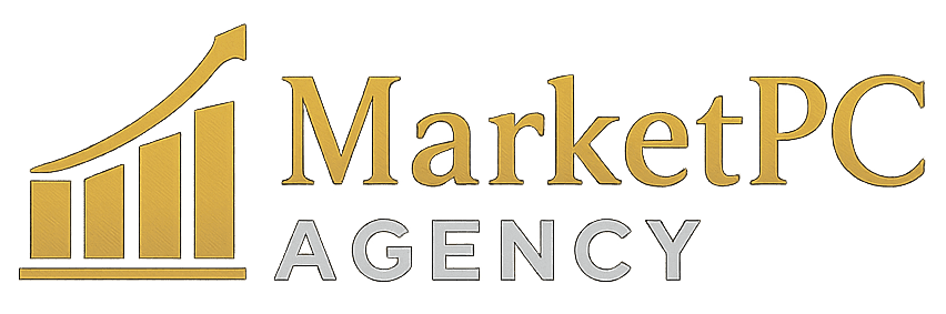 Logo MarketPC Agency, reprezentand o bara de crestere aurie si text alb pe fundal transparent